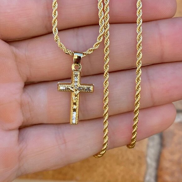 14K Gold Filled Crucifix Necklace 17" Rope Chain Toddler Cadena de Oro Laminado - Picture 4 of 6